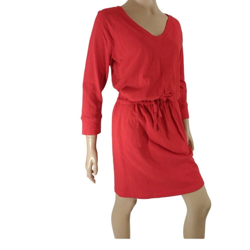 Gap Coral Pink Drawstring Waist Knit Dress 3/4 Sleeve Casual Midi Dress Size L